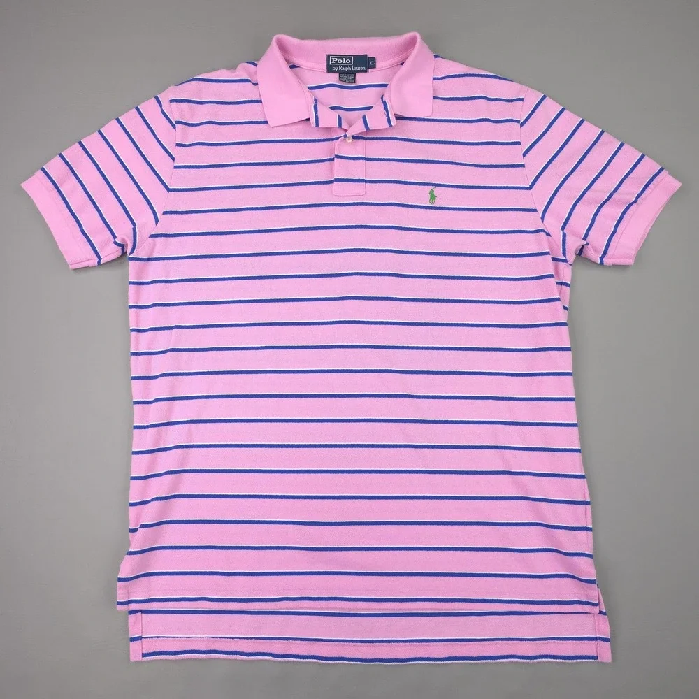 Vintage Polo Ralph Lauren Polo Shirt Mens XL Pink Stripe Cotton Pique Preppy